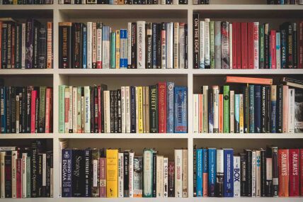 A face-on view of a white wooden bookshelf filled with a diverse collection of books, showcasing various colours and sizes.